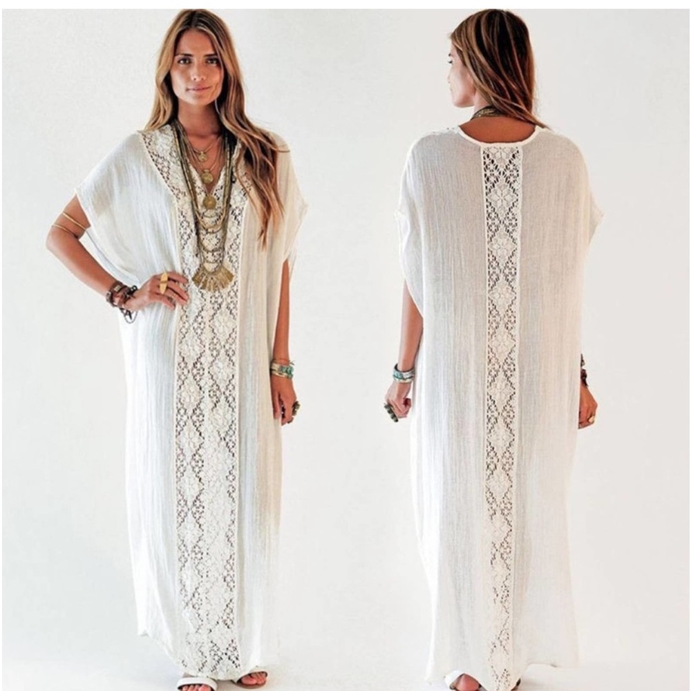 Boho White Caftan Beach Swim Coverup Maxi Dress